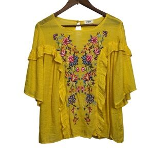 UMGEE Yellow Embroidered Floral Top Medium